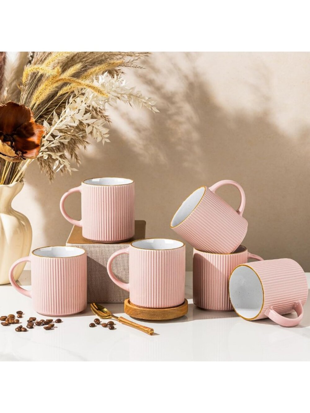 Set of 6 Pink Ceramic Coffee Mugs, 12oz Cups with Handle - Perfect for Home